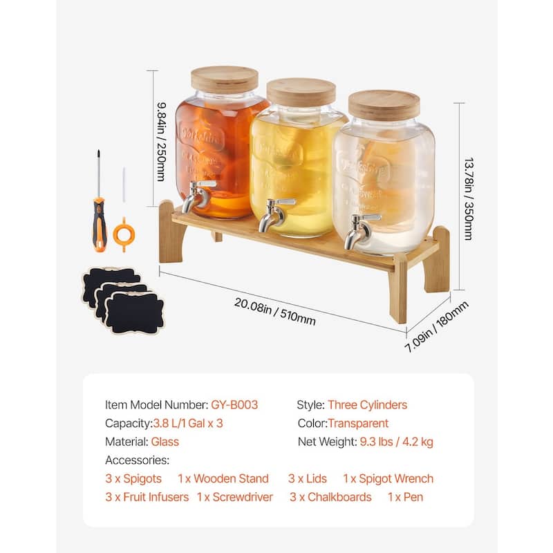 Transparent Glass Three Cylinder Beverage Dispenser 3 Gallon with Wood Stand and Chalkboards - 20.08 x 7.09 x 13.78 in