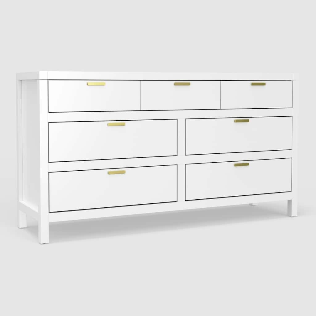 Fery Dresser, 7 Drawers, Gold Metal Handles, White Solid Pine Wood