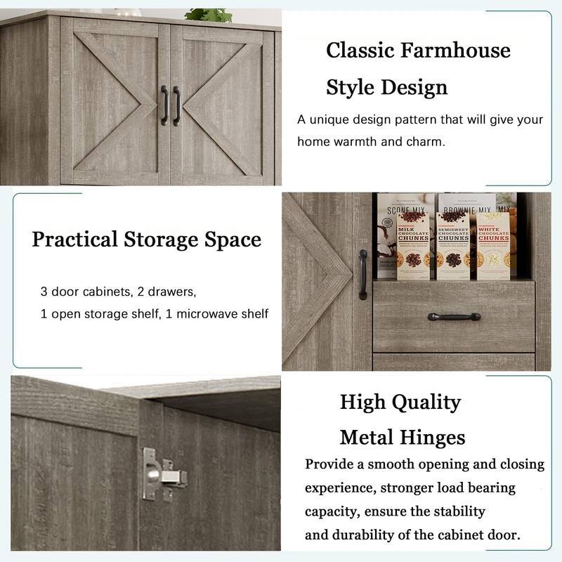 Pantry Cabinet with 2 Drawers and Open Shelves, Tall Freestanding Kitchen Pantry Cabinet with Microwave Shelf