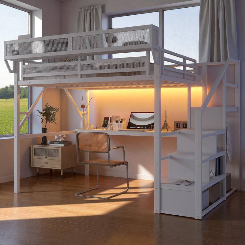Full/Queen Size Metal Loft Bed with Desk, RGB Light, Charging Station, Shelves and Wardrobe, Stair Loft Bed for Teens