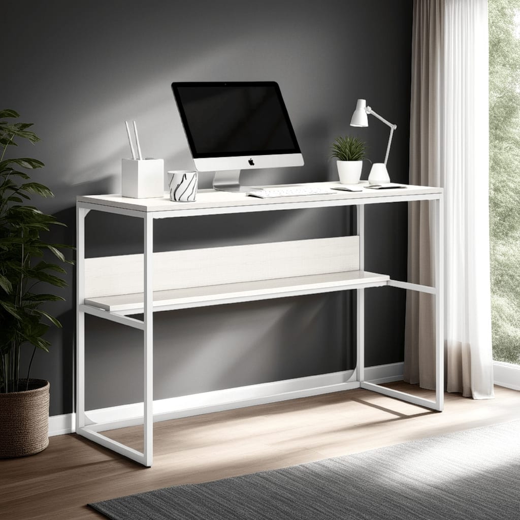 Deni Home Office Desk, 1 Shelf, White Wood, Metal Frame, 47 Inch