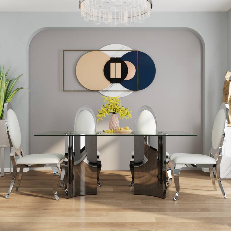 70 inch Clear Tempered Glass Dining Table Set with Leather Dining Chairs - Chrome Silver - Table with 4 Chairs