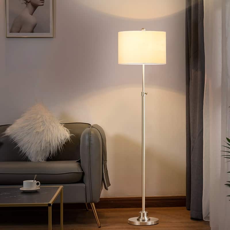 KAWOTI 63.5" Modern Adjustable Floor Lamp with White Linen Shade - Brushed Nickel
