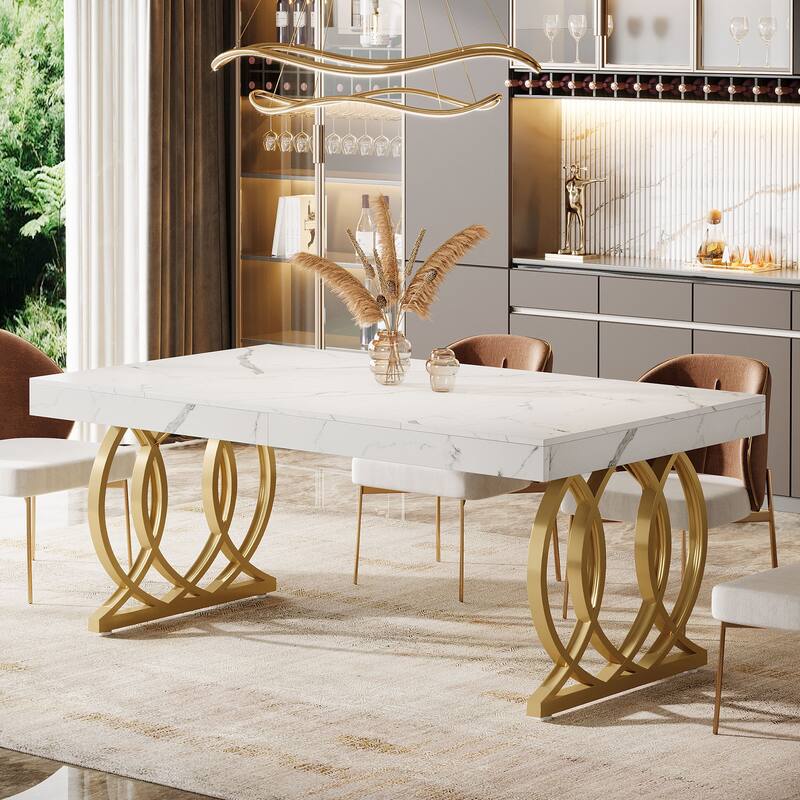 Modern Kitchen Table with Faux Marble Tabletop and Geometric Legs