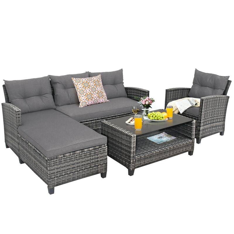 4 Pieces Patio Rattan Furniture Set with Cushion and Table Shelf - 27.5" x 47" x 30" (L x W x H)