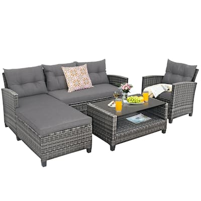 4 Pieces Patio Rattan Furniture Set with Cushion and Table Shelf - 27.5" x 47" x 30" (L x W x H)