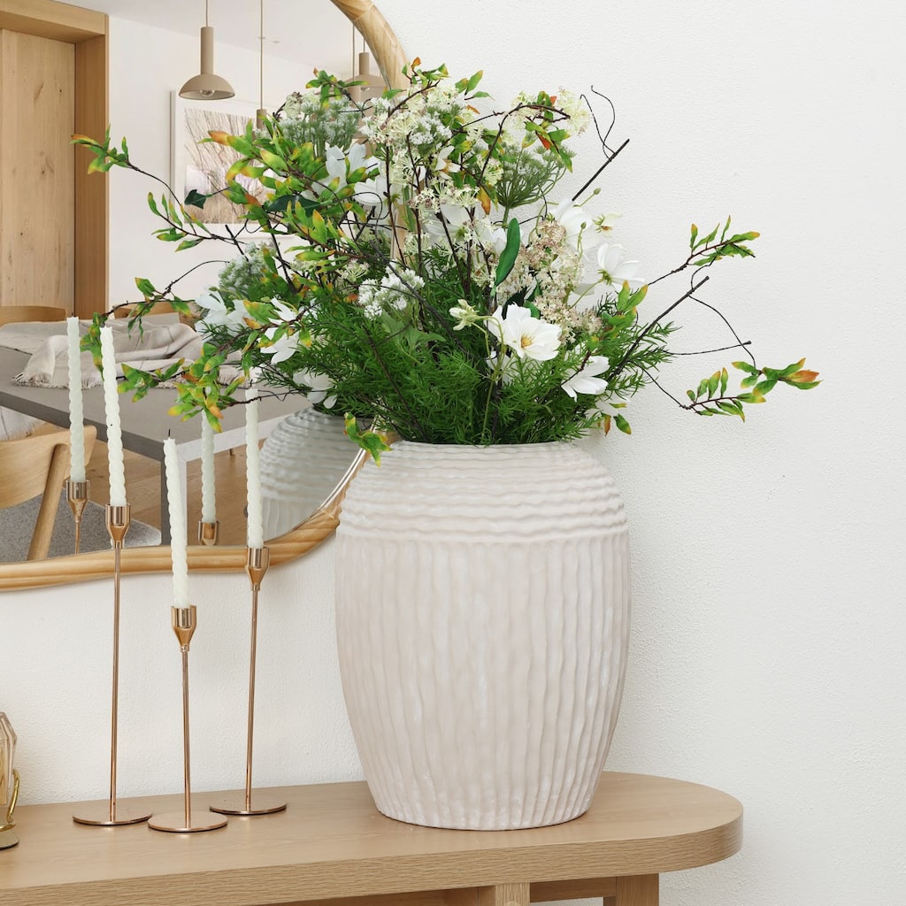 Beige Ribbed Round 15.2-Inch Tall MgO Vase