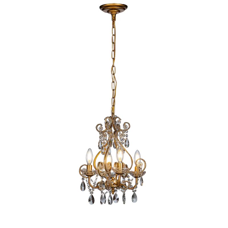 4-Lights Antique Gold Candlestick Chandelier 13in. Pendant Light with Crystal Teardrop Beads - 13 inches