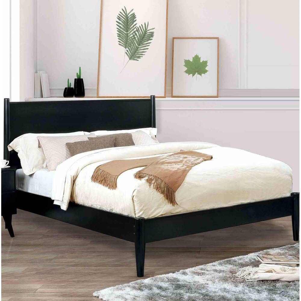 Mid Century Modern Black Finish 4pc Bedroom Set Bed Dresser Mirror Nightstand