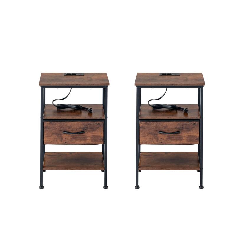 Homy Casa Industrial Nightstands Drawers, USB, Power Outlet Vintage