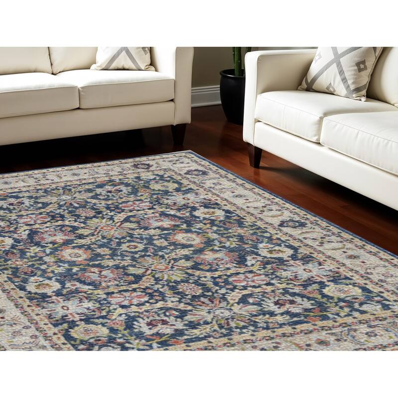 Power Loomed Distressed Floral Traditional Non Skid Area Rug - 118' X '94' X '0.5 - 118' X '94' X '0.5 - Oxford Blue - Rectangle