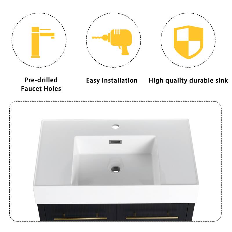 24" Bathroom Vanity with Resin Sink, Soft Close Hinges, Adjustable Storage, Black Chestnut Color, Freestanding Cabinet