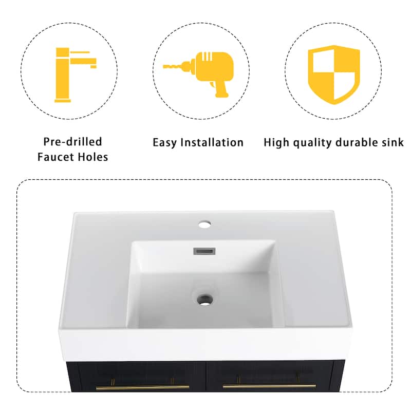 Modern Floating 30-Inch Bathroom Vanity with Black Ceramic Sink, Soft-Close Drawers, Plywood Base