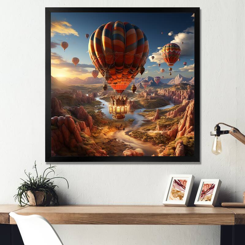 Designart "A Fantasy Art Depiction Of Hot Air Balloons " Hot Air Balloon Framed Wall Art Prints - 16 in. wide x 16 in. high - Black