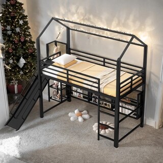 House Metal Twin Size Loft Bed with Iron mesh Shelves and Slide,Kids ...