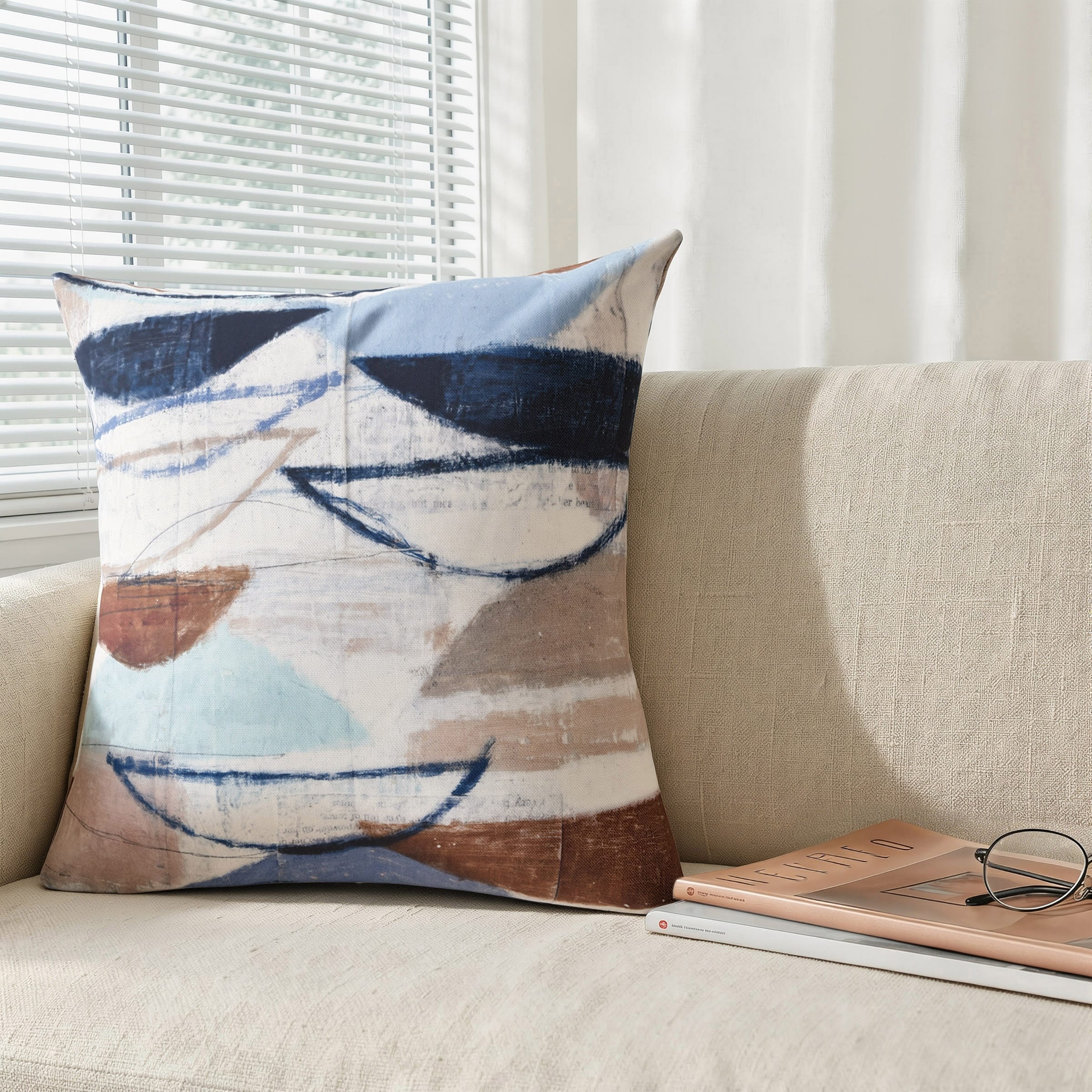 StyleCraft Wyatt Abstract Horizon Mark Abstract Pillow - Sand, Denim Blue & Soft White