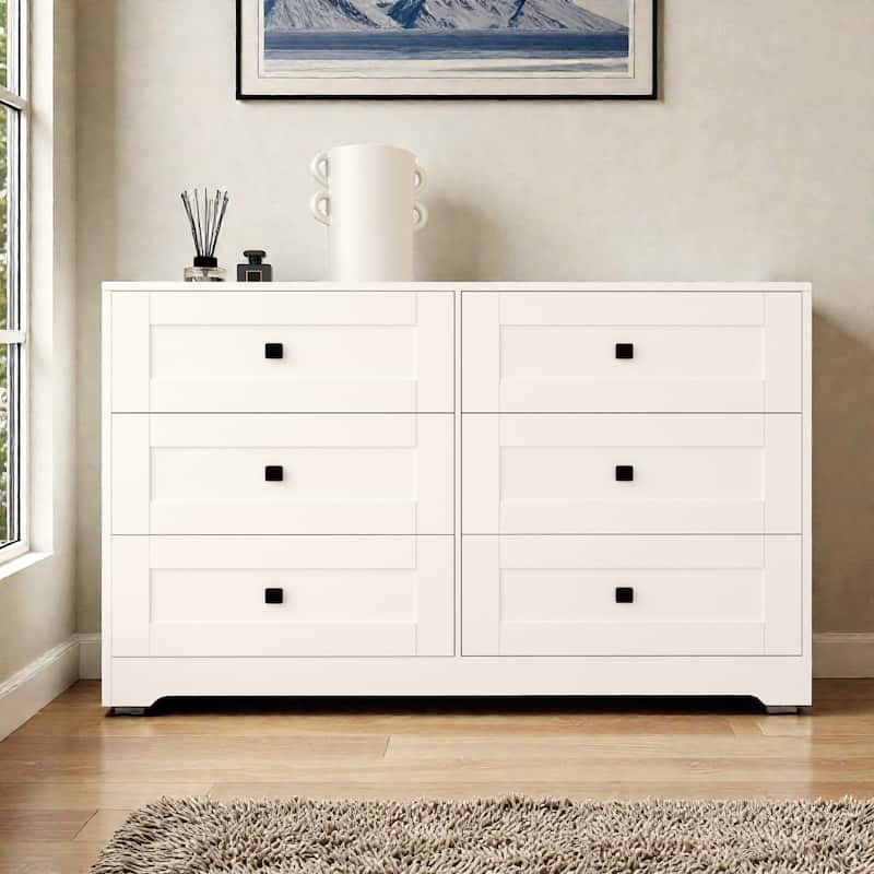 Farmhouse White 6 Drawer Dresser with Barn Door Style, Chest of Drawers Storage Cabinet for Bedroom Living Room - White