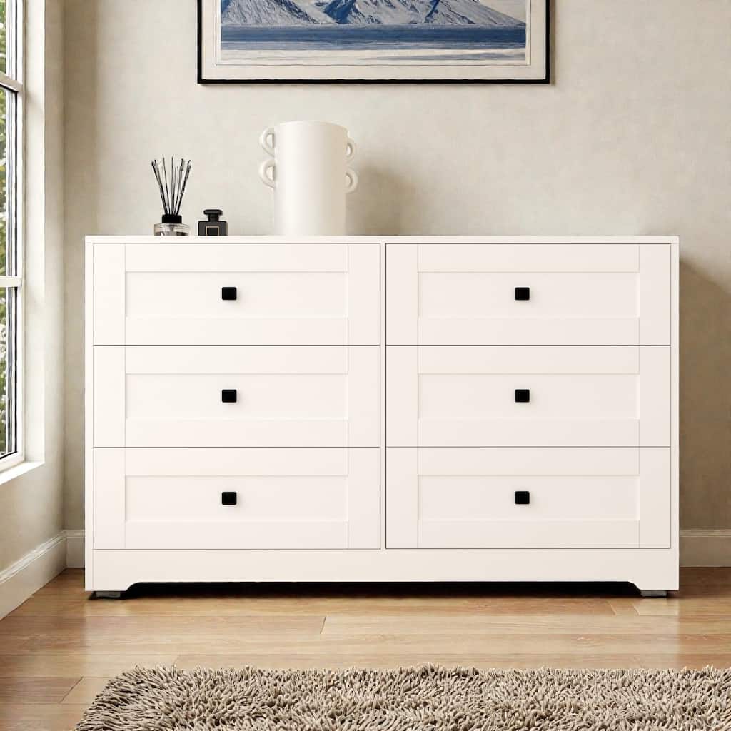Farmhouse White 6 Drawer Dresser with Barn Door Style, Chest of Drawers Storage Cabinet for Bedroom Living Room