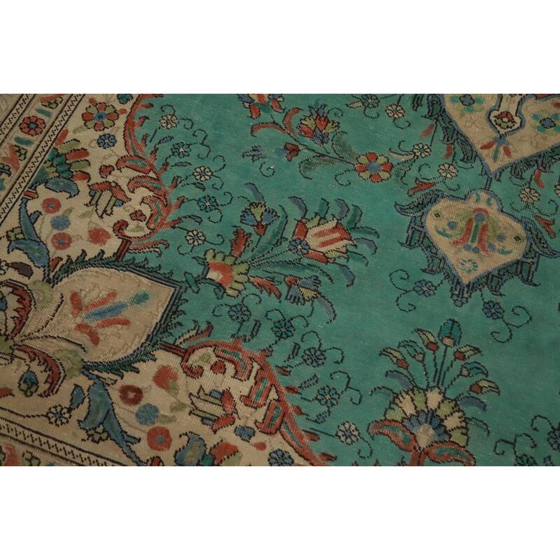 Hand Knotted Oriental 100% Wool Carpet Traditional Floral Green Tabriz Area Rug - 10' 11'' X 8' 3''