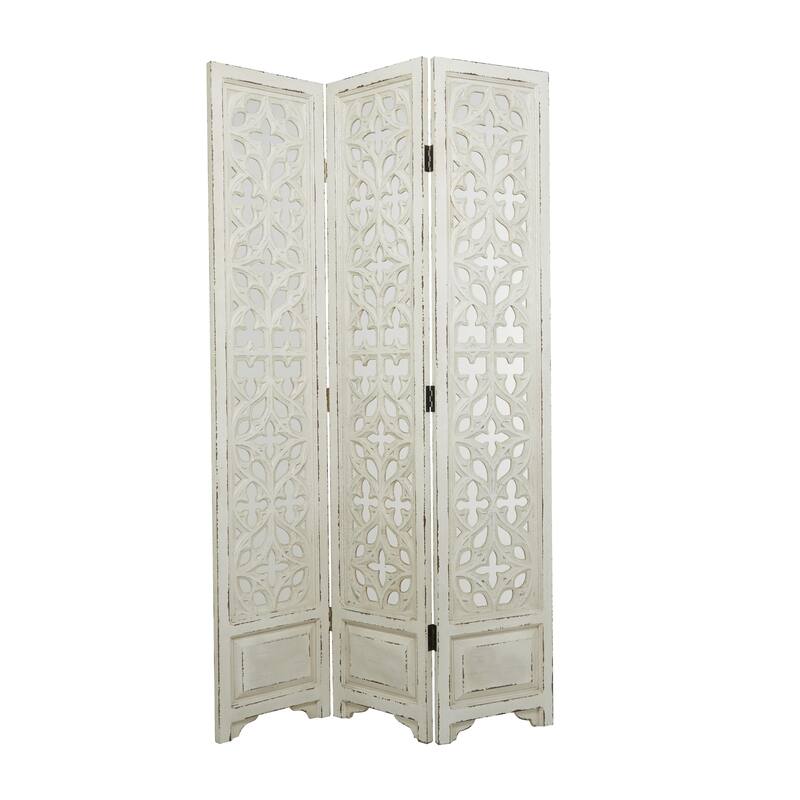 White Wood Hinged Foldable Partition 3 Panel Floral Room Divider Screen with Intricately Carved Designs - 45 x 1 x 75