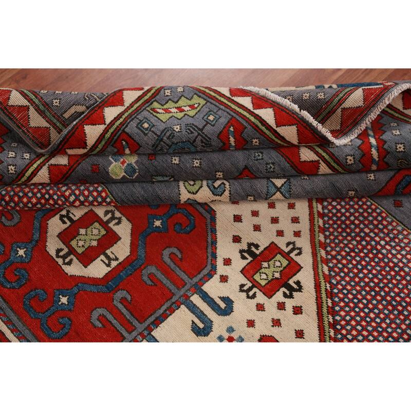 Hand Knotted Oriental 100% Wool Carpet Traditional Medallion Navy Blue & Blues Kazak Area Rug - 9' 7'' X 8' 4''
