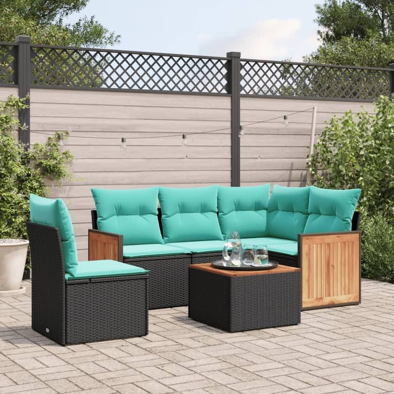 vidaXL 5/6 Piece Patio Sofa Set with Cushions Black/Gray Poly Rattan - 24.4 x 24.4 x 27.2 - Black With table