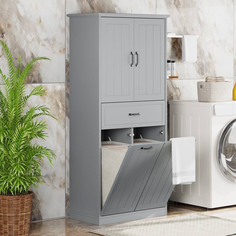 Tall Laundry Floor Cabinet with Removable Baskets, Waterproof Bathroom Storage Cabinet with Adjustable Shelf & Drawer