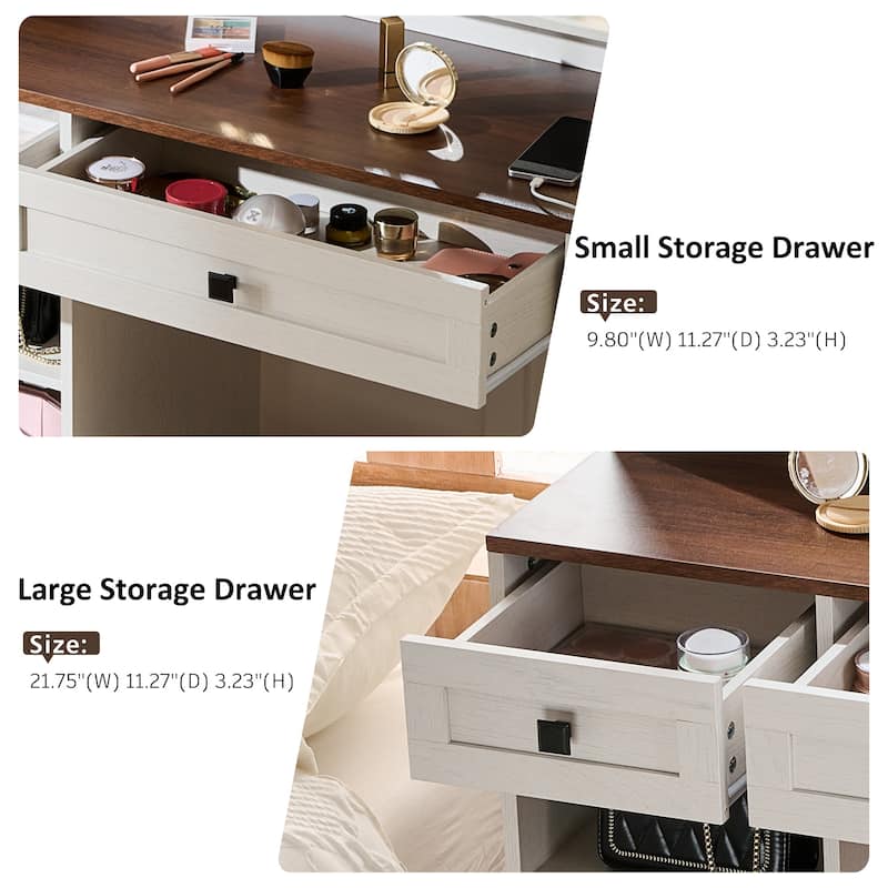 Farmhouse Makeup Vanity with Lighted Mirror, Charging Station, Stool, Drawers, Shelves and Side Cabinet