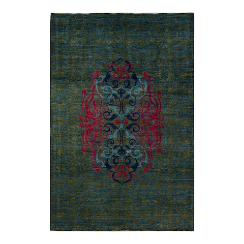 Suzani, One-of-a-Kind Hand-Knotted Area Rug - Green, 9' 10" x 14' 4" - 9' 10" x 14' 4"