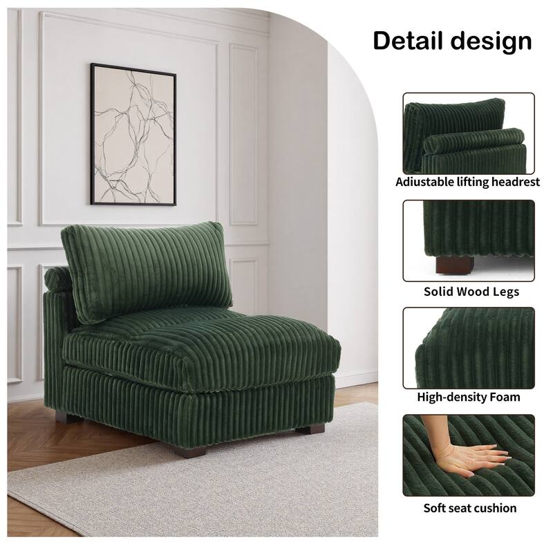 33" W Plush Corduroy Armless Chair Sectional Module with Pillows