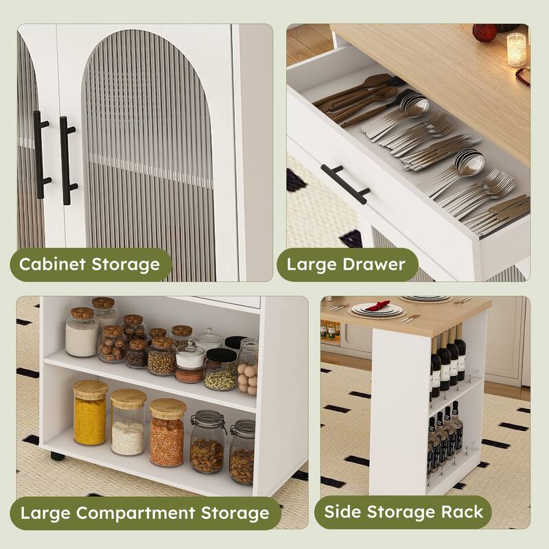 Expandable Kitchen Island with Dining Table, Wood Kitchen Table with Power Outlet, Mobile Storage Cart with 2 Drawers