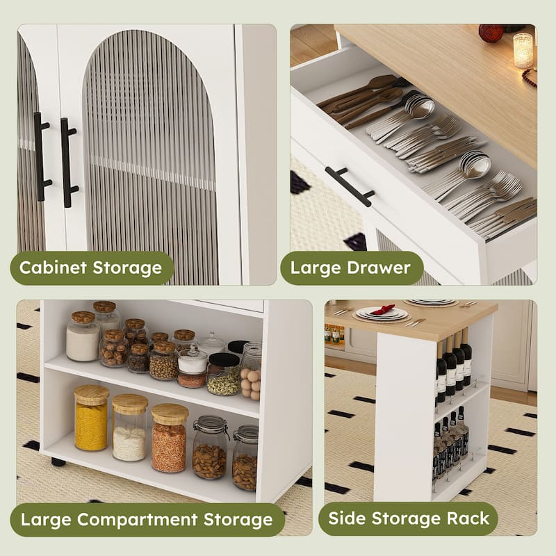 Kitchen Island with Expandable Dining Table, Mobile Kitchen Storage Cart on Locking Wheels, Kitchen Prep Table with Power Outlet - White