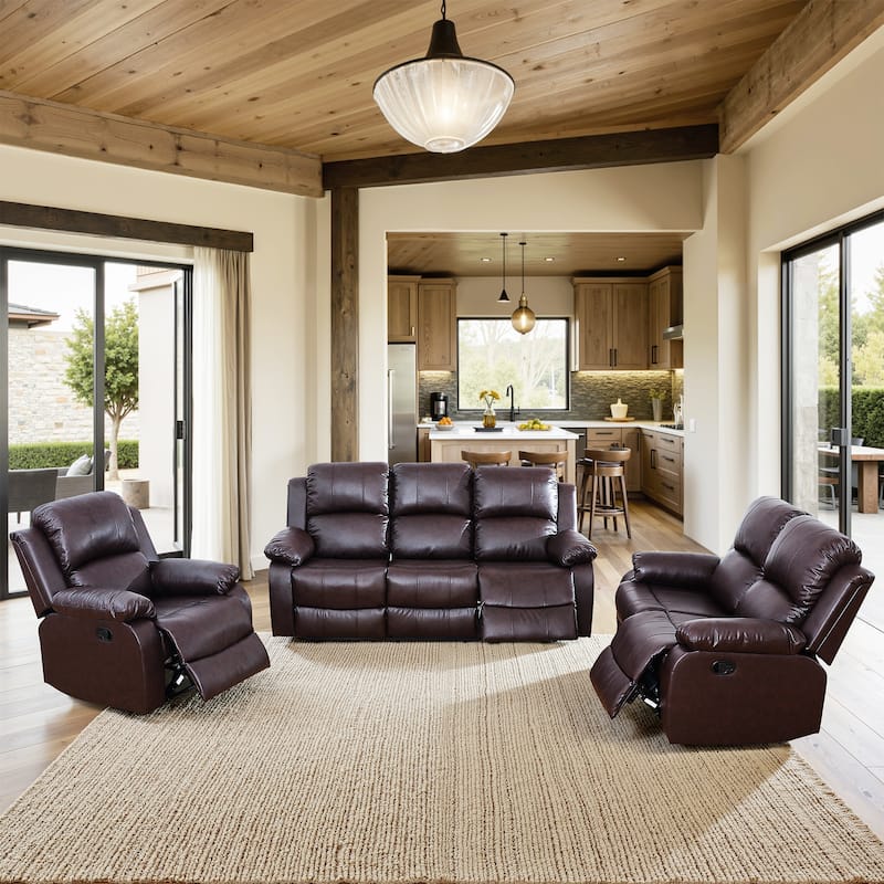 Semi PU And PVC 3-Piece Couch Living Room Sofa Set - Brown
