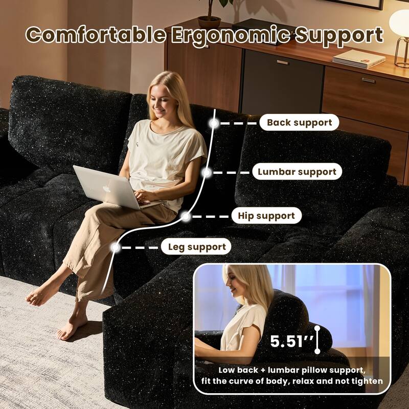 HOOOWOOO Modern Sparkly Velvet Fabric Chaise Sofa Couch with Ottoman