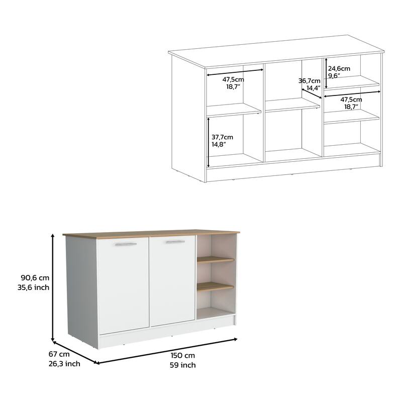 Kitchen Island Two Cabinets, Three Open Shelves, White / Natural Oak
