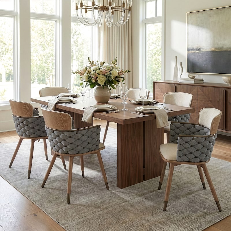 Set of 2 Bechor Beige and Gray Woven Fabric Dining Chair with Natural Wood Legs