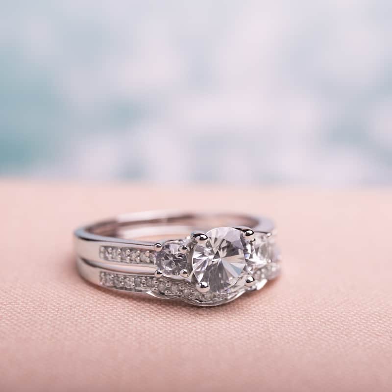 Miadora 10k White Gold Created White Sapphire and 1/6ct TDW Diamond 3-stone Bridal Ring Set (G-H, I2
