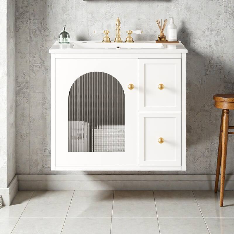 24 Inch Wall Mounted Bathroom Vanity with Ceramic Sink, Small Space Vanity Cabinet with Drawers and Door - White
