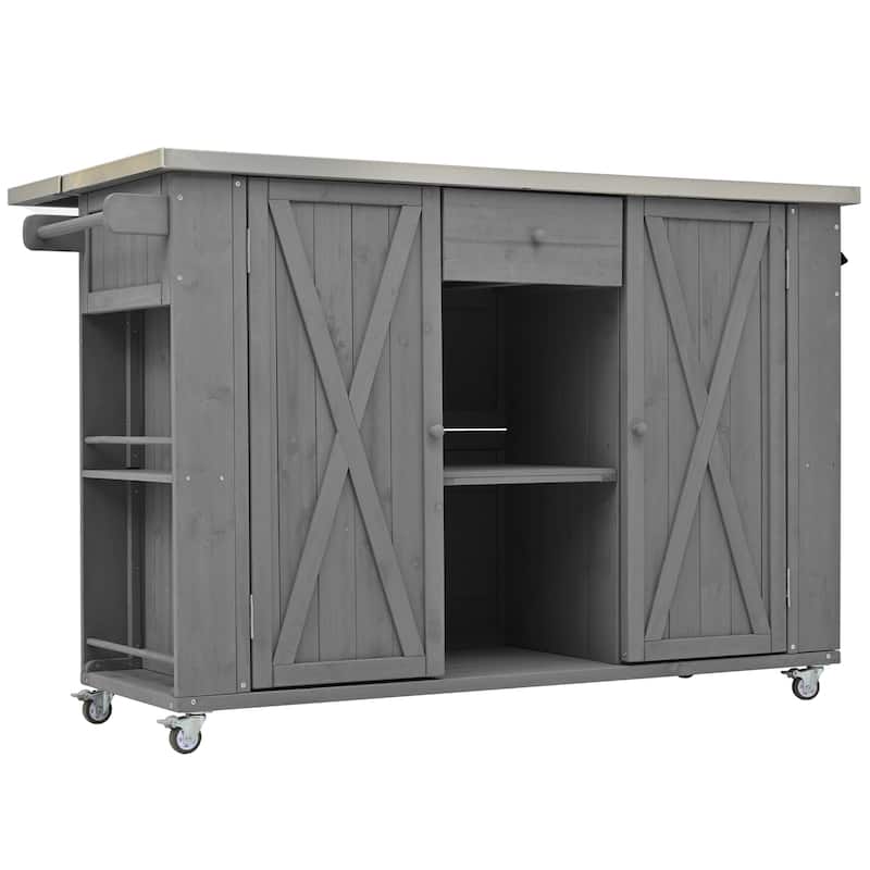 Outdoor Kitchen Island with Foldable Stainless Steel Top & Bottle Opener, Fir Wood Kitchen Island with Shelves and Towel Racks