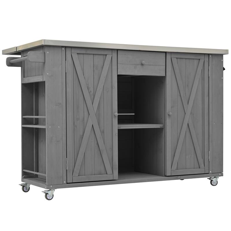 Roomfitters Outdoor Fir Wood Kitchen Island with Stainless Steel Top Towel & Spice Racks Bottle Opener