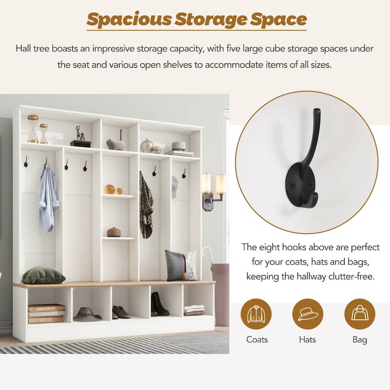 4-in-1 Entryway Storage Cabinet Coat Rack with Shoe Storage and Bench, Hall Tree with Cube Storage & Shelves