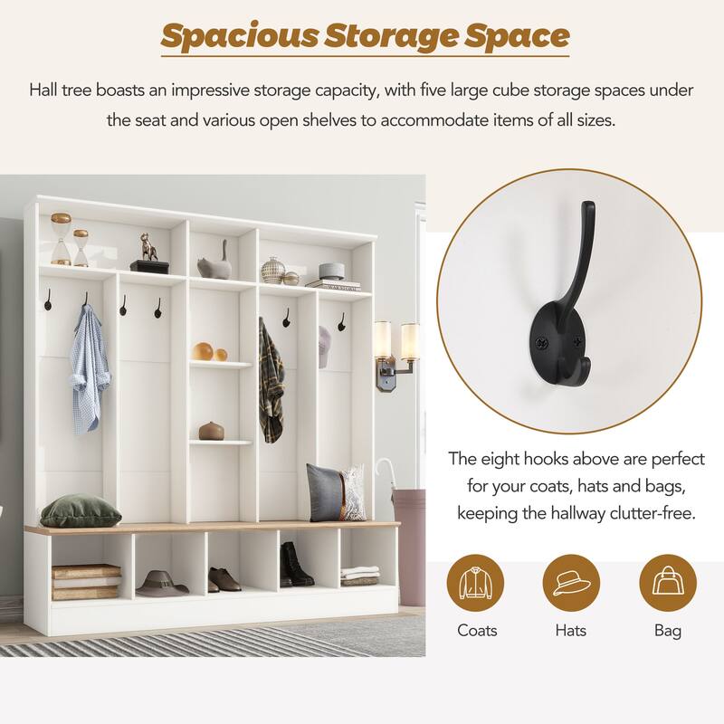 Large Hall Tree Coat Rack with Storage Bench, Modern Shoe Cabinet with Cube Storage & Shelves for Entryways, Mudroom