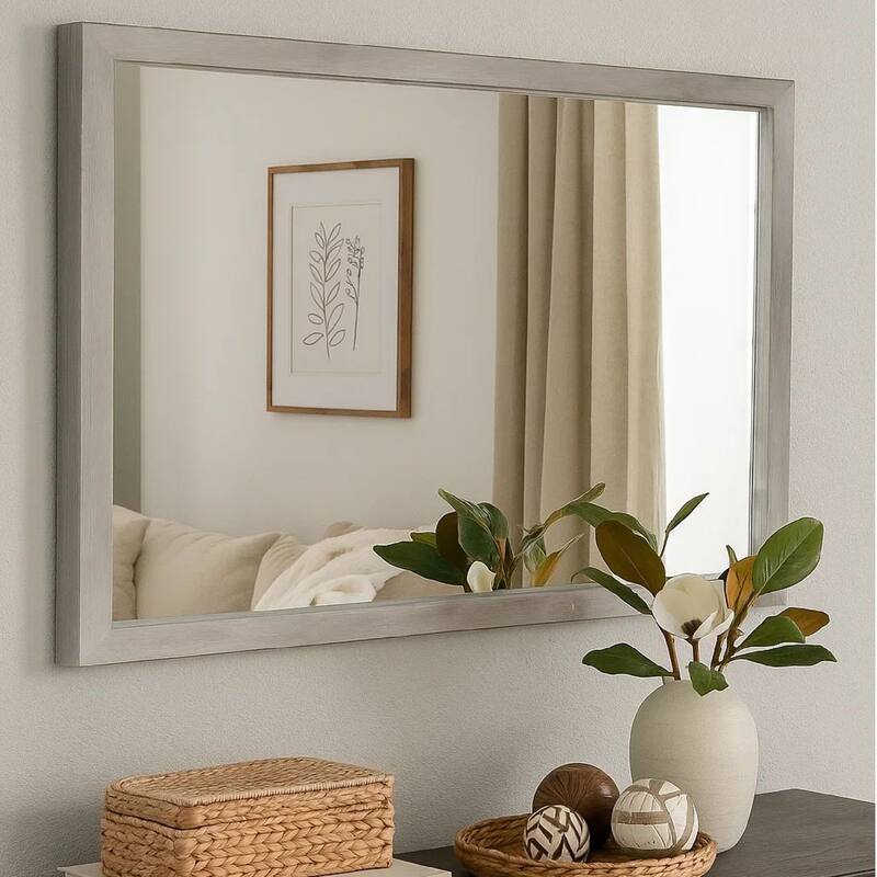 48 Inch Kim Solid Acacia Wood Dresser Mirror, Mitered Edge, Heather Gray