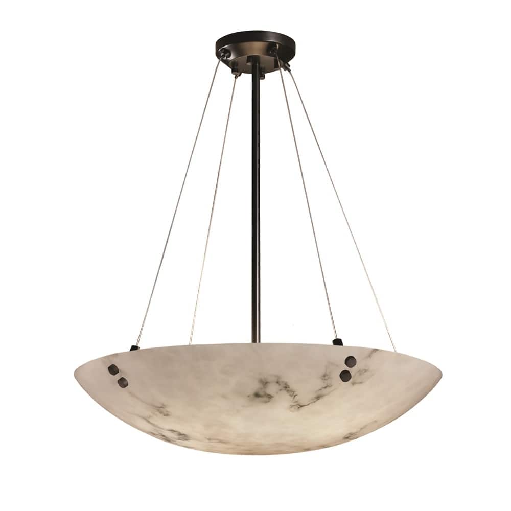 LumenAria Finials 60-inch Matte Black Round Pendant Bowl with Pair Cylindrical Finials, Faux Alabaster Shade