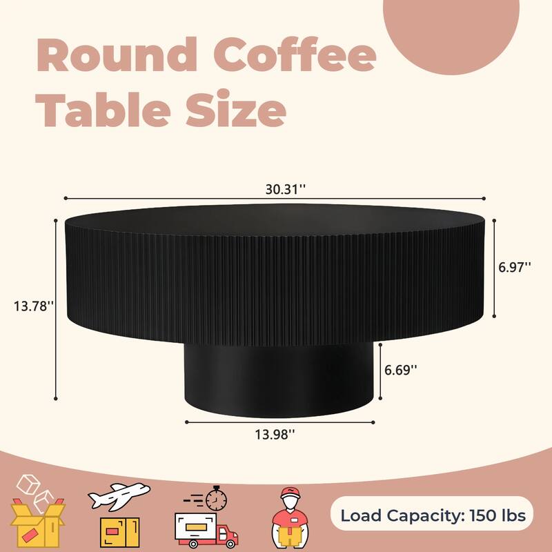 Round Fluted Coffee Table with Sturdy Pedestal, Mid-Century Modern Accent Table for Living Room & Small Spaces