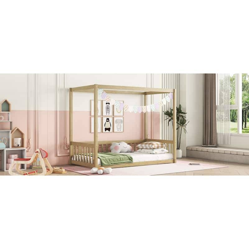 Roomfitters Twin Canopy Frame Floor Bed with Fence and Guardrails, Low Profile Platform Bed, No Box Spring Needed, Natural