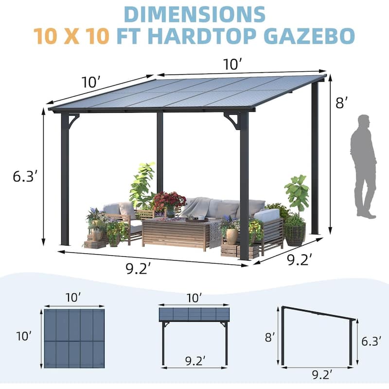 AECOJOY Large Wall-Mounted Heavy Duty Gazebo Hard Top Lean to Pergola with Roof