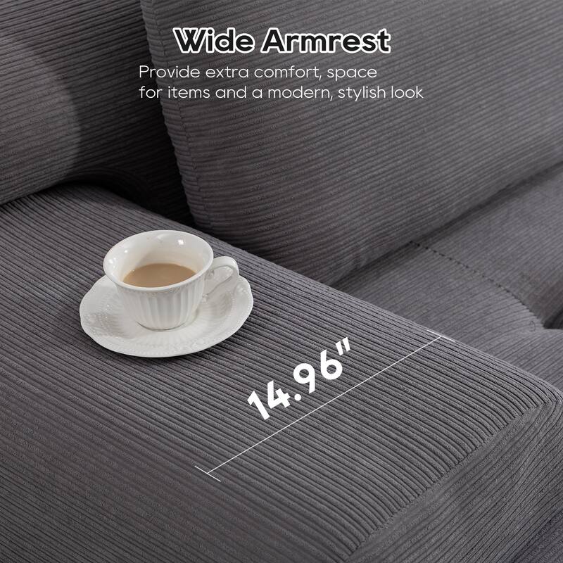 L-Shaped Convertible Sectional Sofa Bed with Memory Foam & Steel Frame, Corduroy Fabric, Grey
