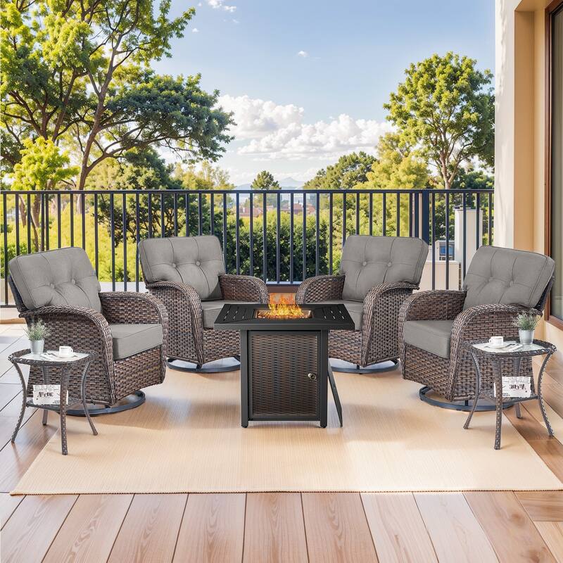 Pocassy Outdoor 30 In Fire Table with Swivel Chair Set - Brown Wicker Gray Cushion - 6-Piece Swivel Chair Table with Fire Pit Table