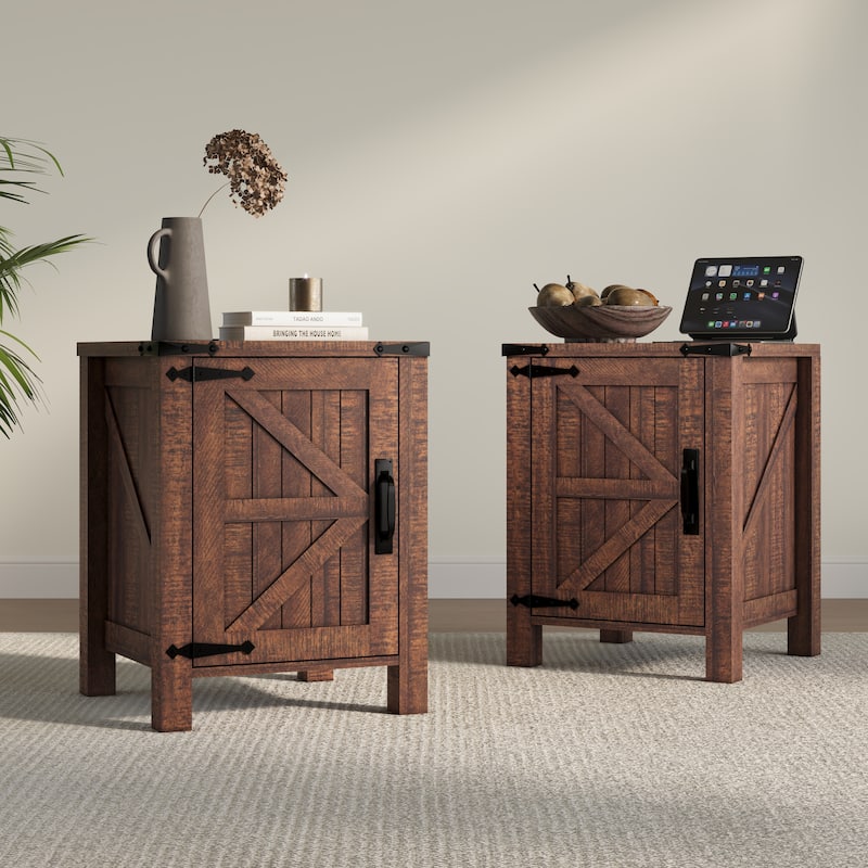 Farmhouse Nightstand Set of 2 with Charging Station, Rustic End Table - Brown